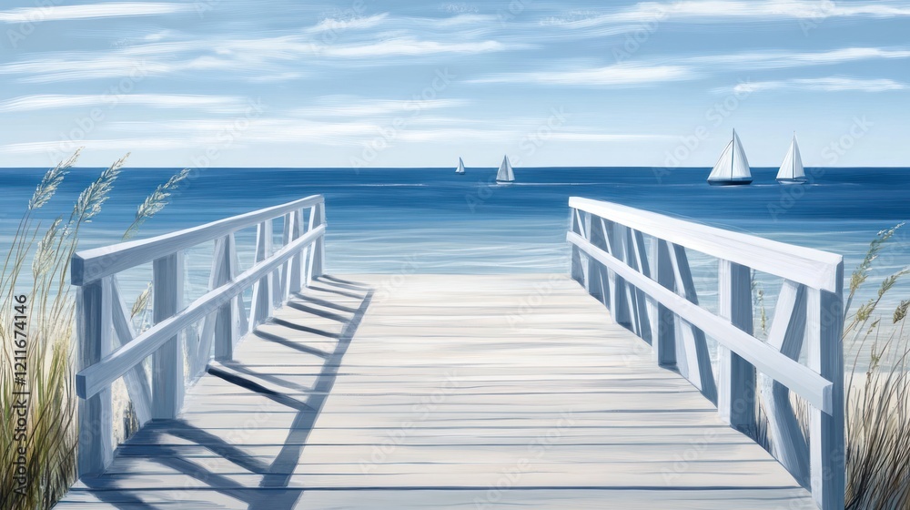 Fototapeta premium Beach boardwalk, ocean view, sailboats, summer, calm