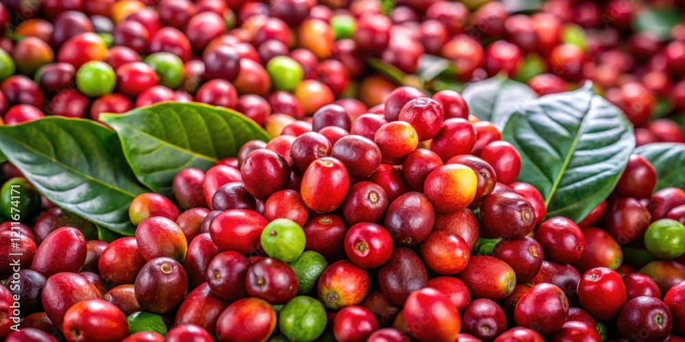 A vibrant close-up showcasing a profusion of ripe coffee cherries, nestled amongst lush green leaves, highlighting the rich colors and textures of the harvest. A vibrant close-up showcasing a profusion of ripe coffee cherries, nestled amongst lush green leaves, highlighting the rich colors and textures of the harvest.
