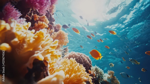 A colorful coral reef showing fish and marine biodiversity, emphasizing ocean health. photo