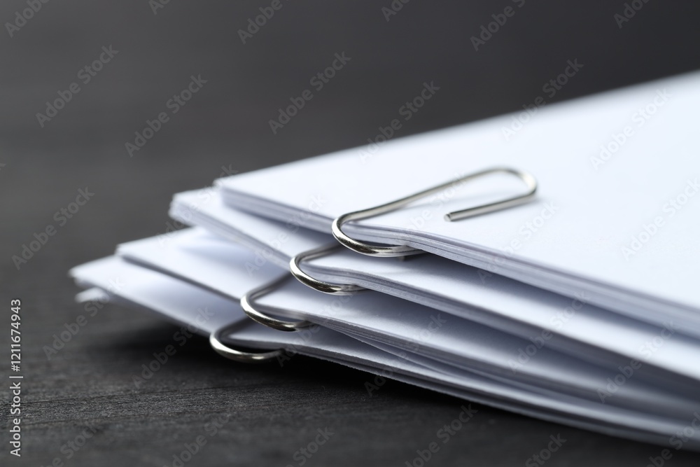 Paper notes with metal clips on black wooden table, closeup Paper notes with metal clips on black wooden table, closeup