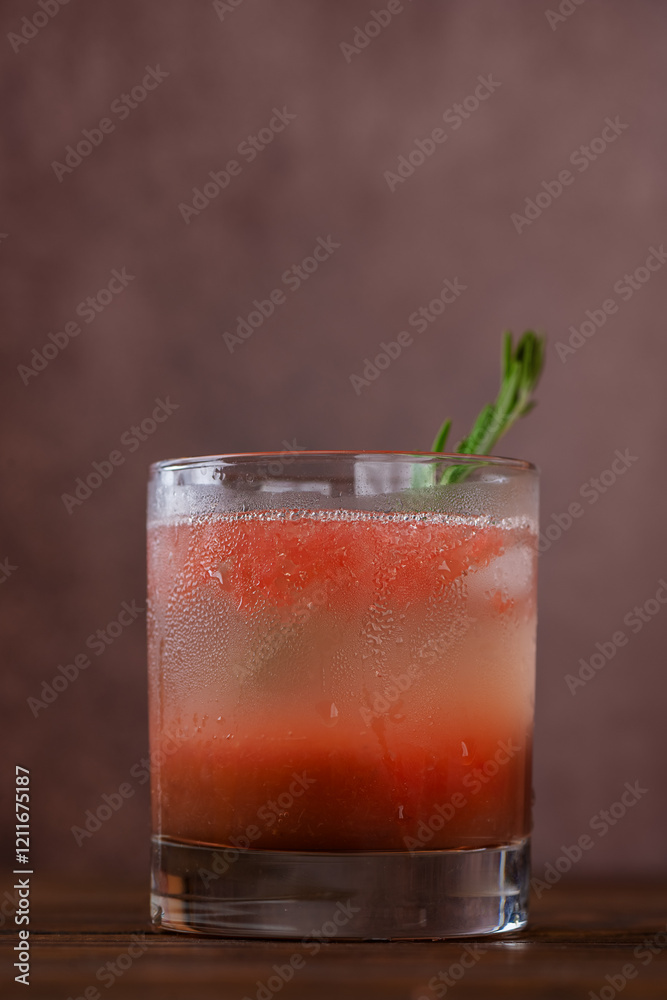 Cocktail with grapefruit, peach, rosemary, ice on the brown table, close-up. Vertical orientation.
