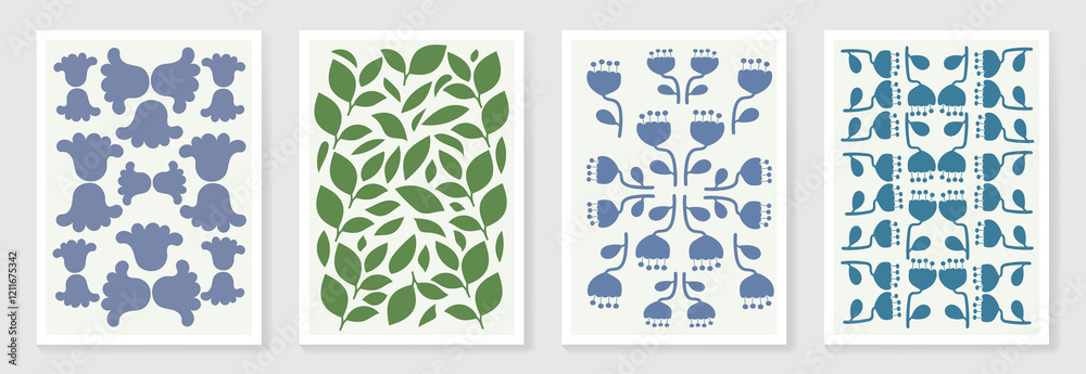 Fototapeta premium Botanical doodle background art vector set. Flower and leaves abstract shape doodle art design for print, wallpaper, clipart, wall art for home decoration.