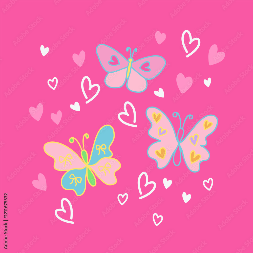 Pink vector illustration of butterfly and hearts for Valentine's card, animal, spring and summer, background, backdrop, wallpaper, picnic, park, yard, book cover, zoo, blossom, sticker, poster Pink vector illustration of butterfly and hearts for Valentine's card, animal, spring and summer, background, backdrop, wallpaper, picnic, park, yard, book cover, zoo, blossom, sticker, poster
