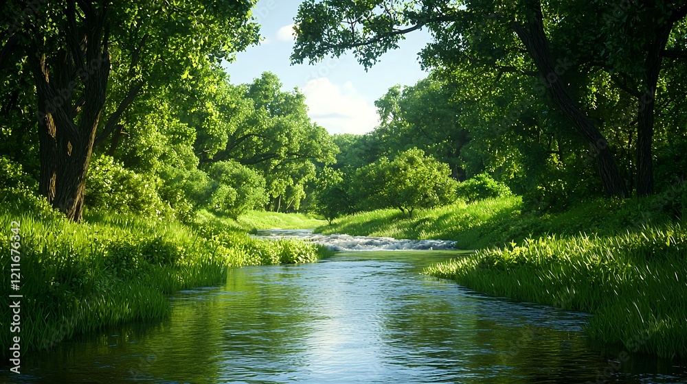 Serene River Flowing Through Lush Green Forest Landscape in Daylight Serene River Flowing Through Lush Green Forest Landscape in Daylight