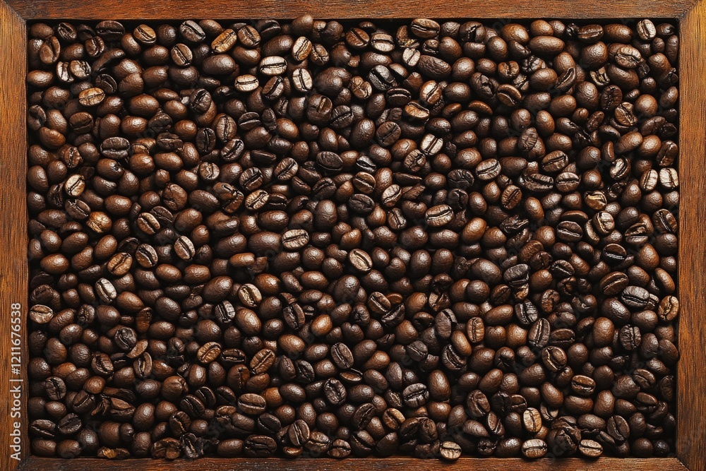 Fototapeta premium A close-up view of a wooden tray filled with rich, dark coffee beans, showcasing their texture and color