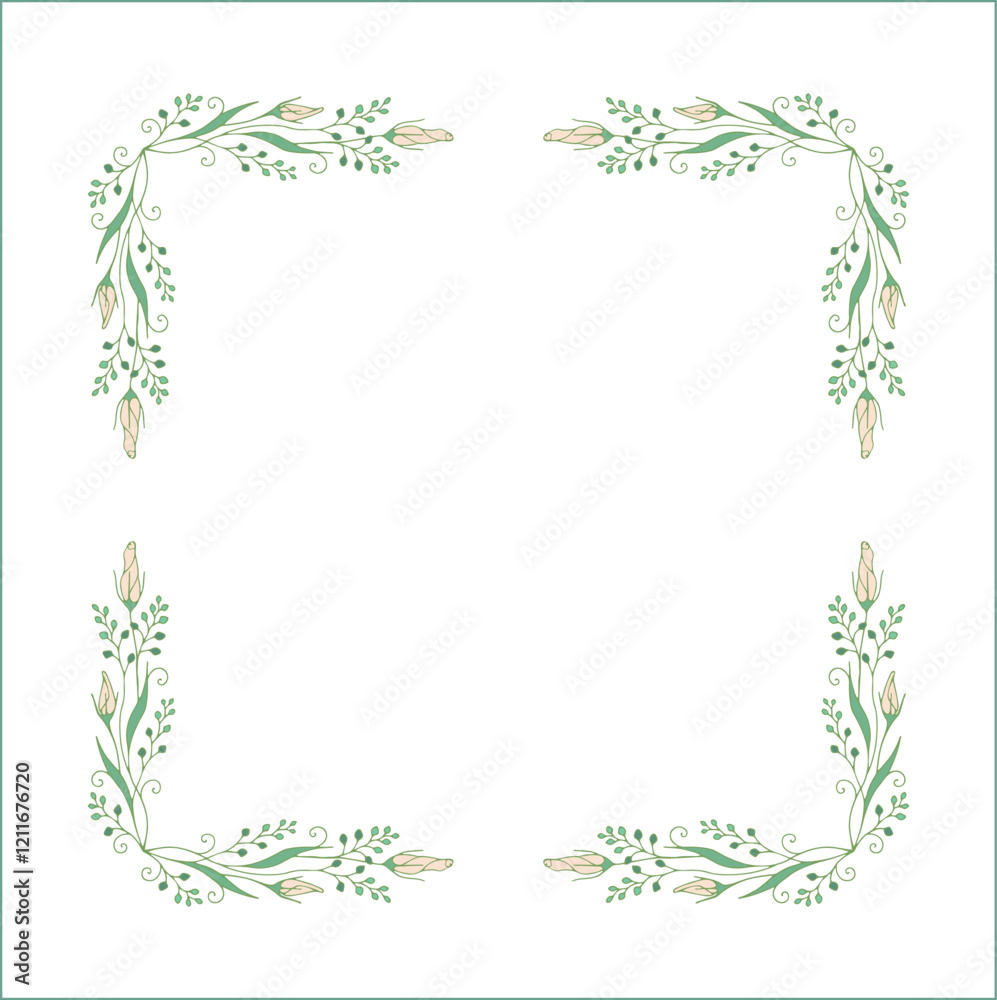 Elegant green vegetal ornamental frame with leaves and beige flowers, decorative border, corners for greeting cards. Isolated vector illustration Elegant green vegetal ornamental frame with leaves and beige flowers, decorative border, corners for greeting cards. Isolated vector illustration