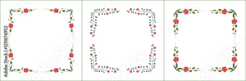 Wallpaper Mural Set of three elegant green vegetal ornamental frame with poppies and rose flowers, decorative border. Isolated vector illustration Torontodigital.ca