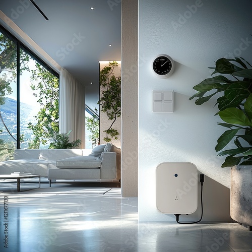 Modern interior of a house with a plug in battery in the corner of the living room.