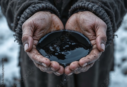 A pair of weathered hands holding a pool of dark, viscous oil, set against a blurred background, symbolizing raw natural resources. photo