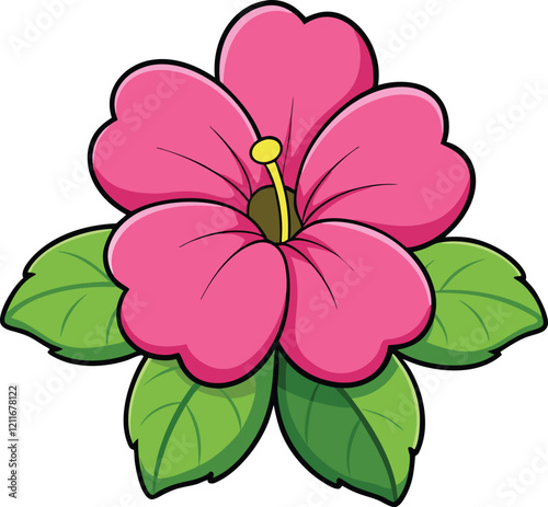 pink flower with leaves, illustration, vector on white background