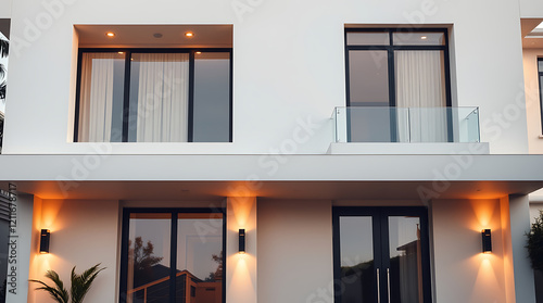 Modern House Exterior: Contemporary Home Design with Glass Balcony and Minimalist Facade