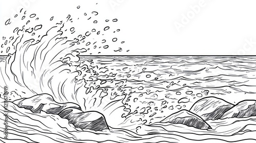 Ocean wave crashing rocks, sea sketch, coastal illustration photo