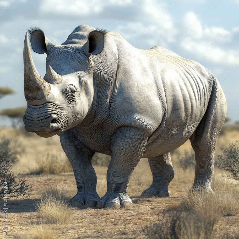 Fototapeta premium A rhinoceros in nature in Africa. Illustration for a children's book