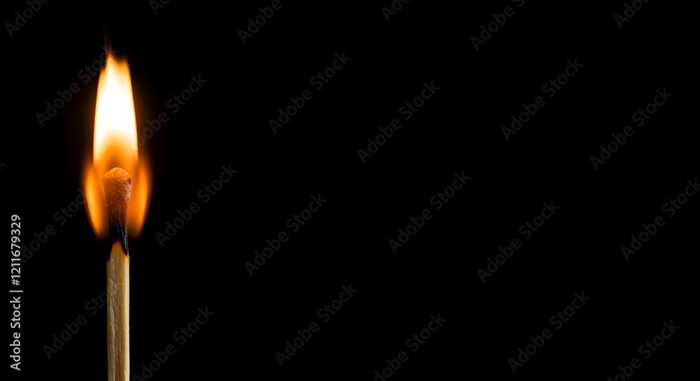 Lit matchstick glowing against a black background with space for text or branding in fire safety and minimalist design photography Lit matchstick glowing against a black background with space for text or branding in fire safety and minimalist design photography