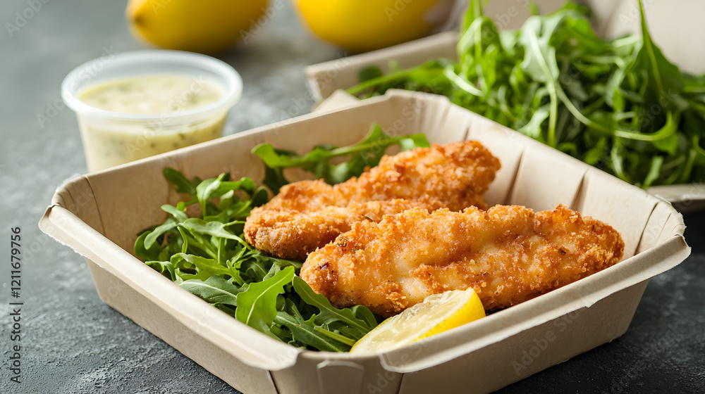 Crispy Cotoletta Served in Disposable Container with Fresh Greens Crispy Cotoletta Served in Disposable Container with Fresh Greens