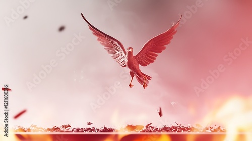 Majestic bird soaring above a fiery landscape, symbolizing freedom and resilience amidst chaos photo