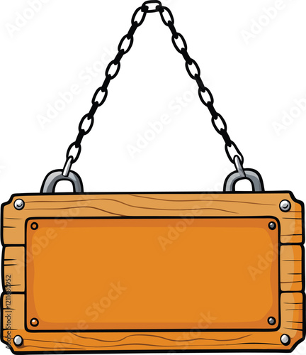 a cartoon illustration of a wooden sign with a chain