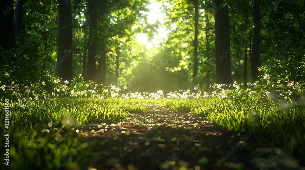 Fototapeta premium Serene Pathway Through Lush Green Forest with Sunlight and Flowers