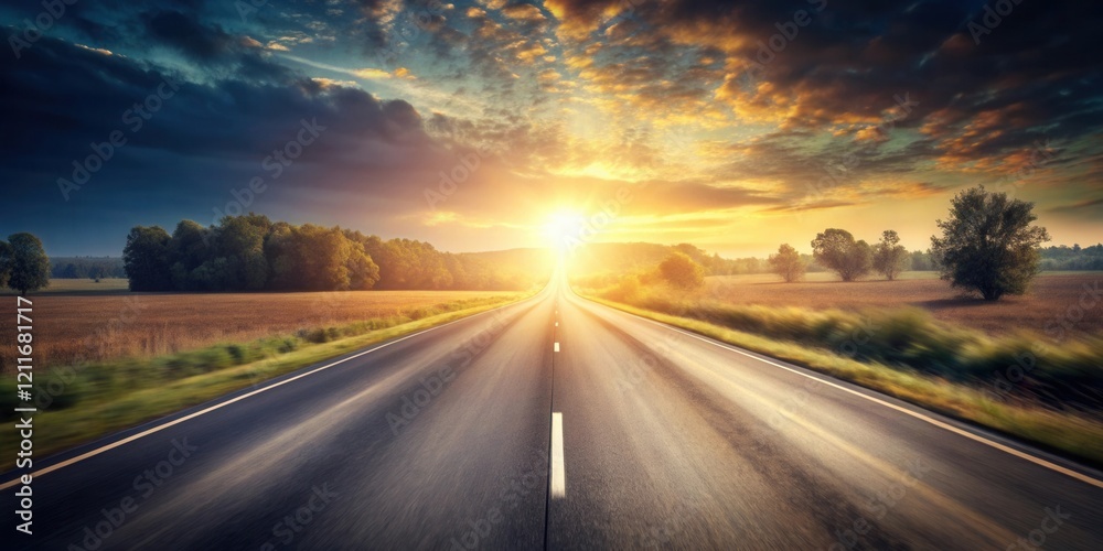 Asphalt highway vanishing into a vibrant sunset over a tranquil landscape, promising a journey of discovery and endless possibilities. Asphalt highway vanishing into a vibrant sunset over a tranquil landscape, promising a journey of discovery and endless possibilities.