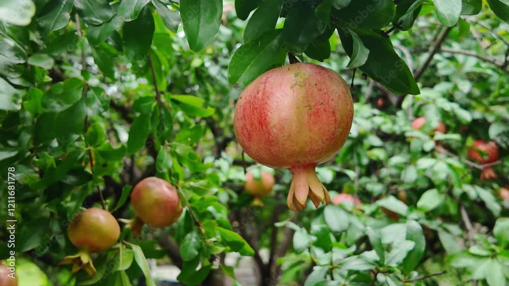 Pomegranate fruit on tree branch in orchard. Pomegranate fruit on tree branch in orchard.
