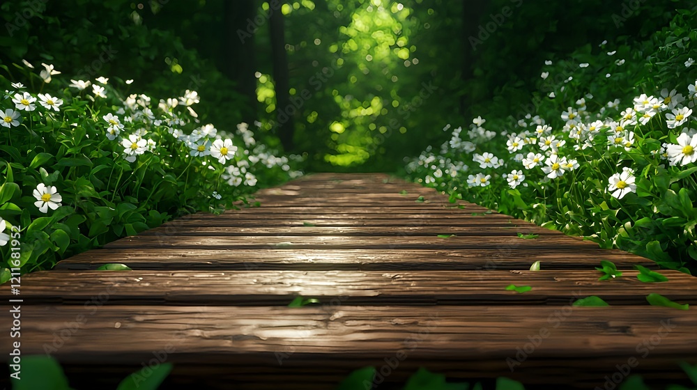 Peaceful Forest Path with Vibrant Greenery and White Flowers Peaceful Forest Path with Vibrant Greenery and White Flowers