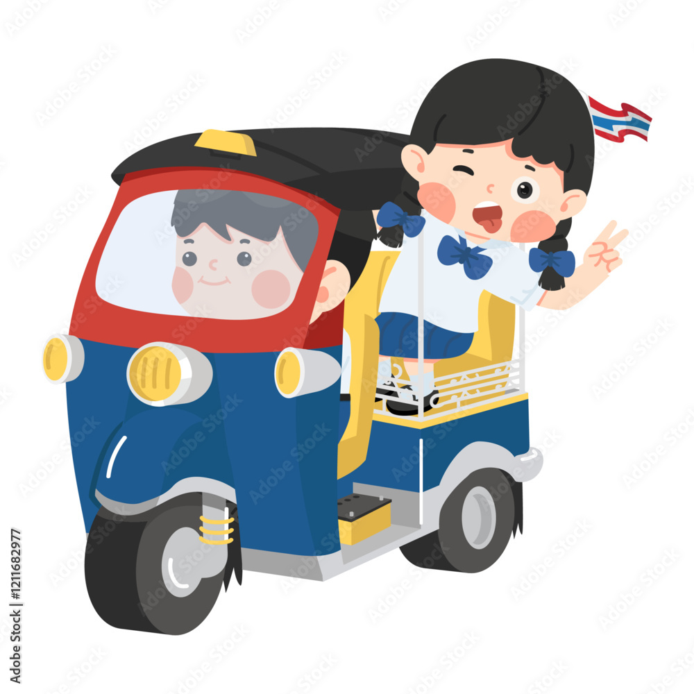 Obraz premium student riding on a tuk-tuk with a taxi driver