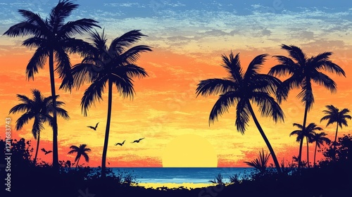 Palm trees silhouetted against a radiant gradient sunset sky on a quiet beach, standing tall in the fading light.