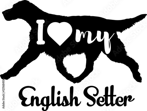English Setter. dog silhouette, dog, breeds, logo, vector, love me love my dog, silhouette, i love my dog, animal, illustration, icon, sign, design, black, symbol, pet, love