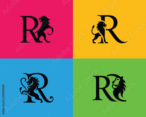 Vibrant Lion Logos Featuring Bold 'R' Symbol and Colorful Backgrounds. Lion Logo, Lion Logo With R Letter, R Letter Logo, Adobe Vector Stock.