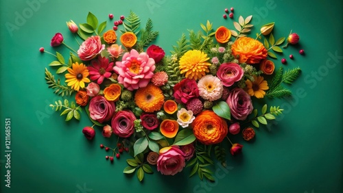 Vibrant floral arrangement in a heart shape, showcasing diverse blossoms and lush greenery against a rich emerald backdrop