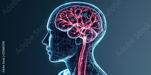 Stroke brain prevention concept. 3D illustration of a human brain with glowing neural connections, emphasizing the complexity of the nervous system.