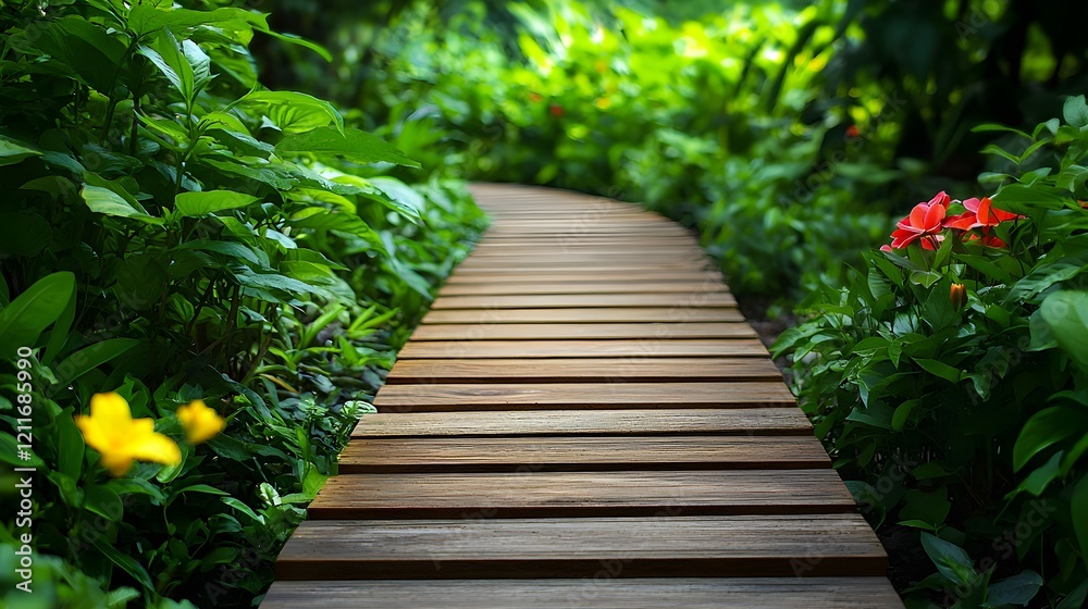 Serene Wooden Pathway Through Lush Green Garden Landscape Serene Wooden Pathway Through Lush Green Garden Landscape