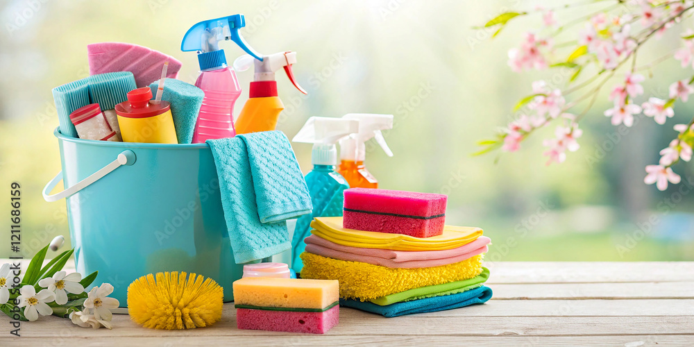Fototapeta premium Cleaning supplies, colorful sponges, spray bottles, blue bucket, window sill, spring blossoms, soft focus background, bright sunlight, domestic chores, fresh start, spotless home, vibrant colors