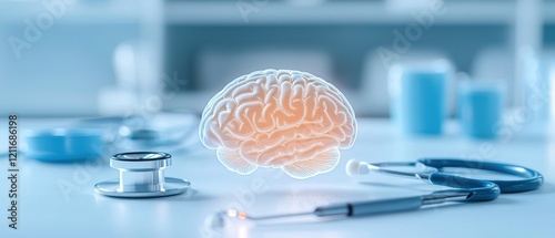 Stroke brain prevention concept. 3D brain illustration with a stethoscope, symbolizing medical research and neuroscience in a clinical setting.