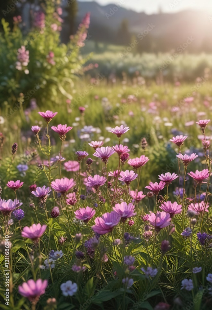Fototapeta premium Fresh purple and pink wildflowers growing in a sunny meadow, fresh, wildflowers, purple
