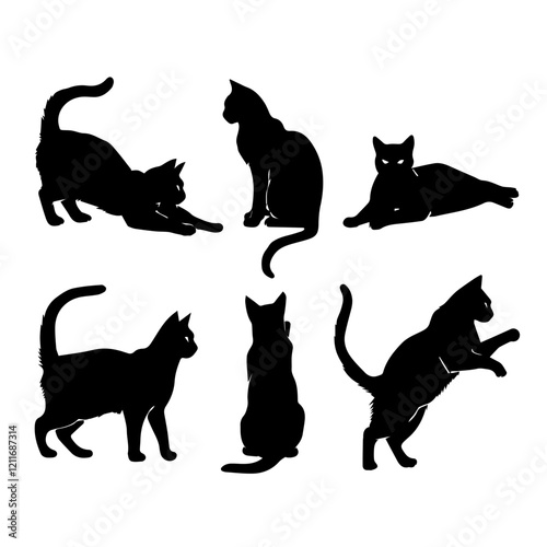 A collection of six black cat silhouettes in various poses, including sitting, stretching, leaping, and playing, displayed on White background.