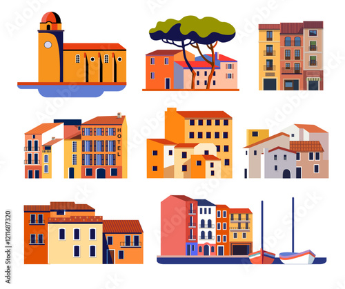 set of european town vector stylized illustrations