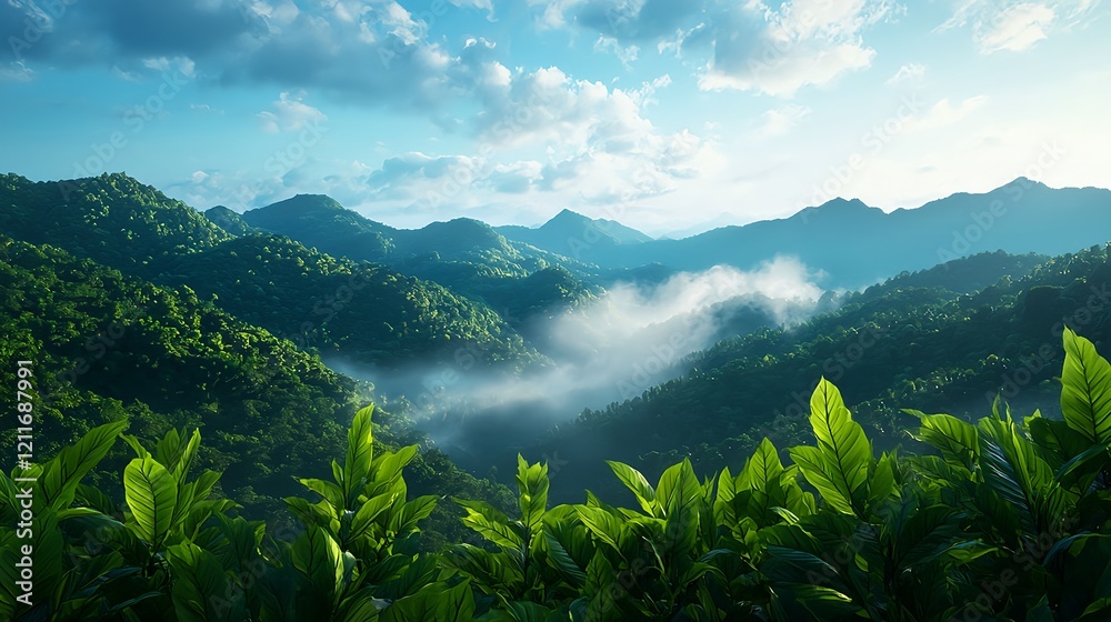 Fototapeta premium Serene Green Mountains with Lush Vegetation and Misty Horizon