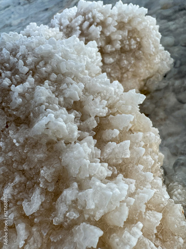 Detailed close-up of salt crystals forming naturally on rocky surfaces showcasing intricate structures. photo