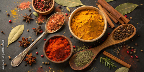 Vibrant spices on dark background, Overhead view of spice bowls, Turmeric and paprika powders, Whole peppercorns and bay leaves, Rustic wooden spoons, Warm earthy tones, Food photography