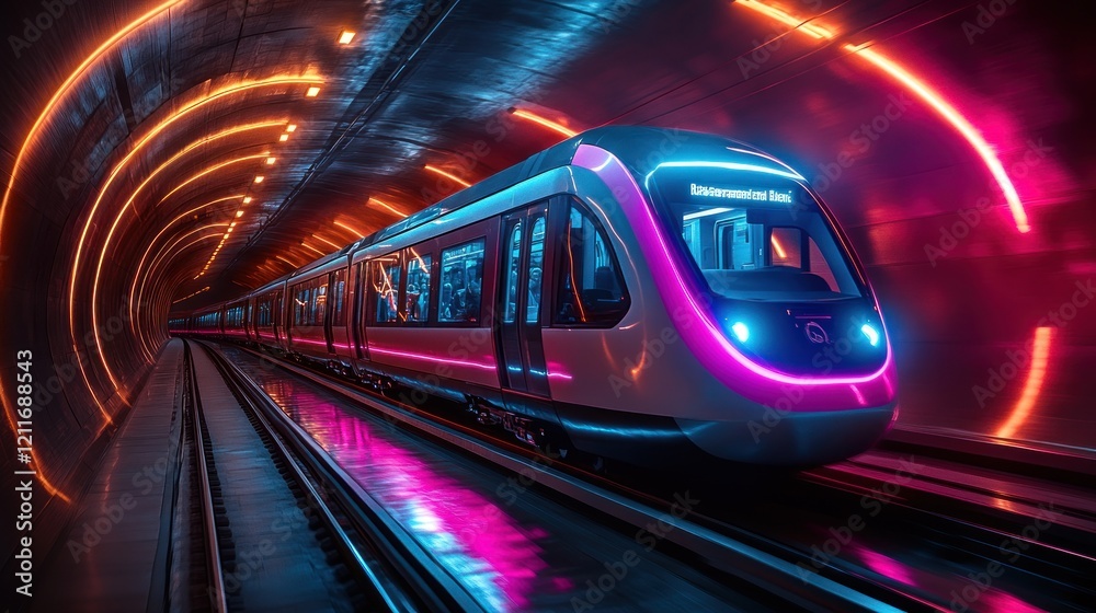 Futuristic high-speed train entering a neon-lit tunnel. Futuristic high-speed train entering a neon-lit tunnel.