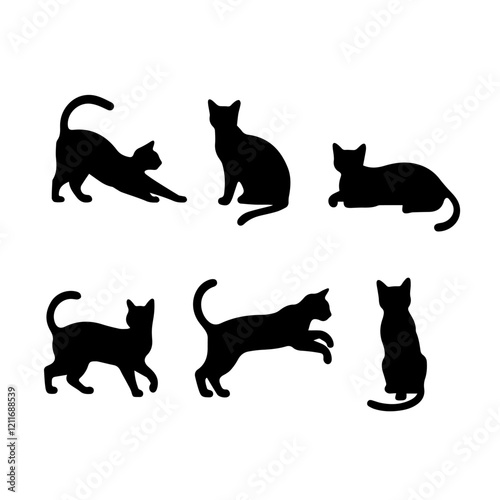 A collection of six black cat silhouettes in various poses, including sitting, stretching, leaping, and playing, displayed on White background.