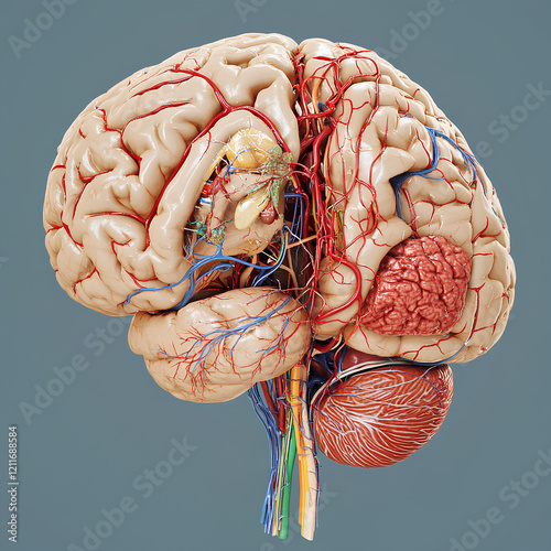 
Highly detailed, anatomically accurate 3D model of the human brain. Cerebral hemispheres, cerebellum and brain stem with distinct furrows, convolutions and cortical folds. photo