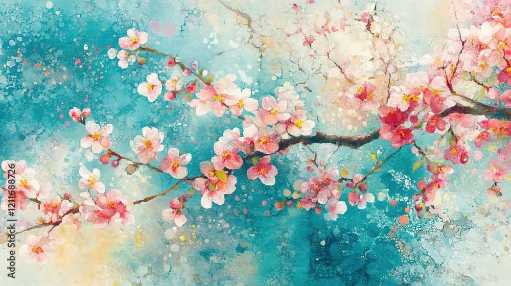 Fototapeta premium painting illustration cheerful springtime,flower field blossoming, pink cheery flower branch blossoming with brushstroke texture