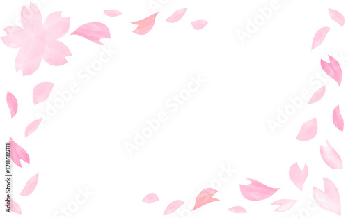 Fototapeta Naklejka Na Ścianę i Meble -  桜の花と花びらに囲まれた手描き水彩フレームイラスト
