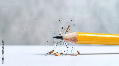 Pencil lead shattering, close-up, on white surface, blurred background, creative concept