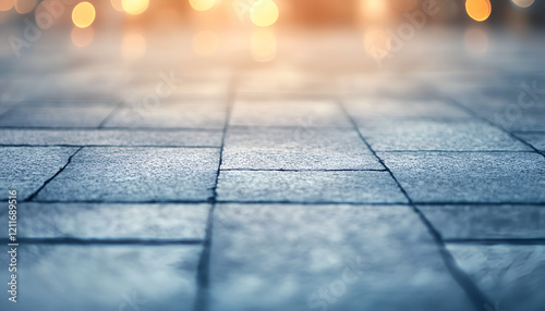Close-Up of Wet Sidewalk After Rain with Blurred Lights

