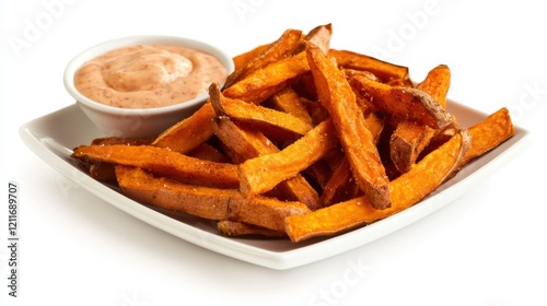 A plate of crispy sweet potato fries seasoned with paprika and served with a side of chipotle mayo, Each fry golden and bursting with flavor photo