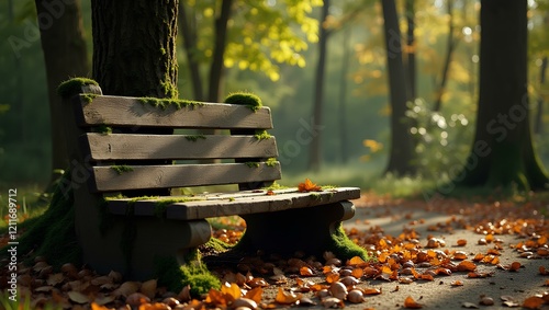 Old weathered wooden bench covered in moss photo