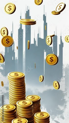 Stacks of golden coins with dollar signs raining down against a city skyline background